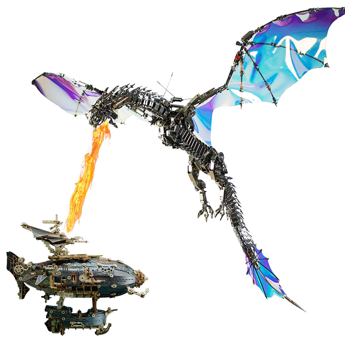 Steampunk Airship Blimp with Dragon Model Building Toys Sci-fi Spaceship Dragon DIY Kits for Adult