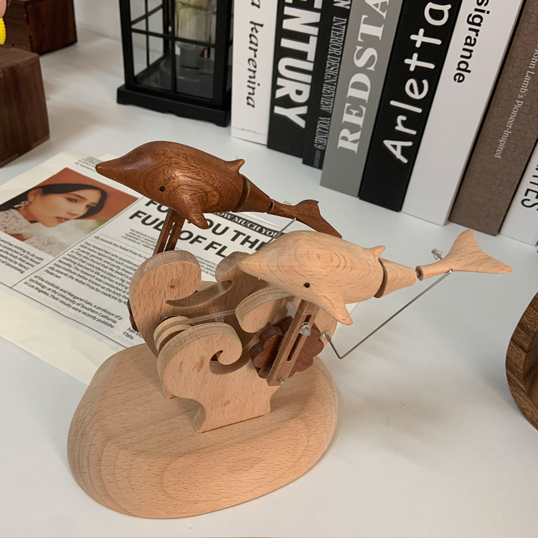 Handcarved Wooden Dolphin Automata Mechanical Sculpture