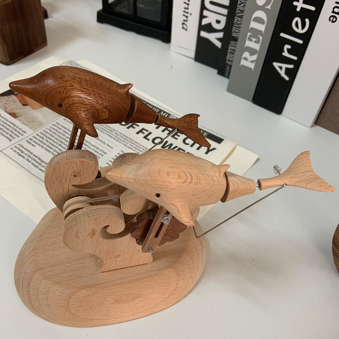 Handcarved Wooden Dolphin Automata Mechanical Sculpture