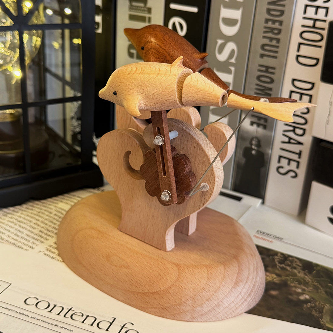 Handcarved Wooden Dolphin Automata Mechanical Sculpture