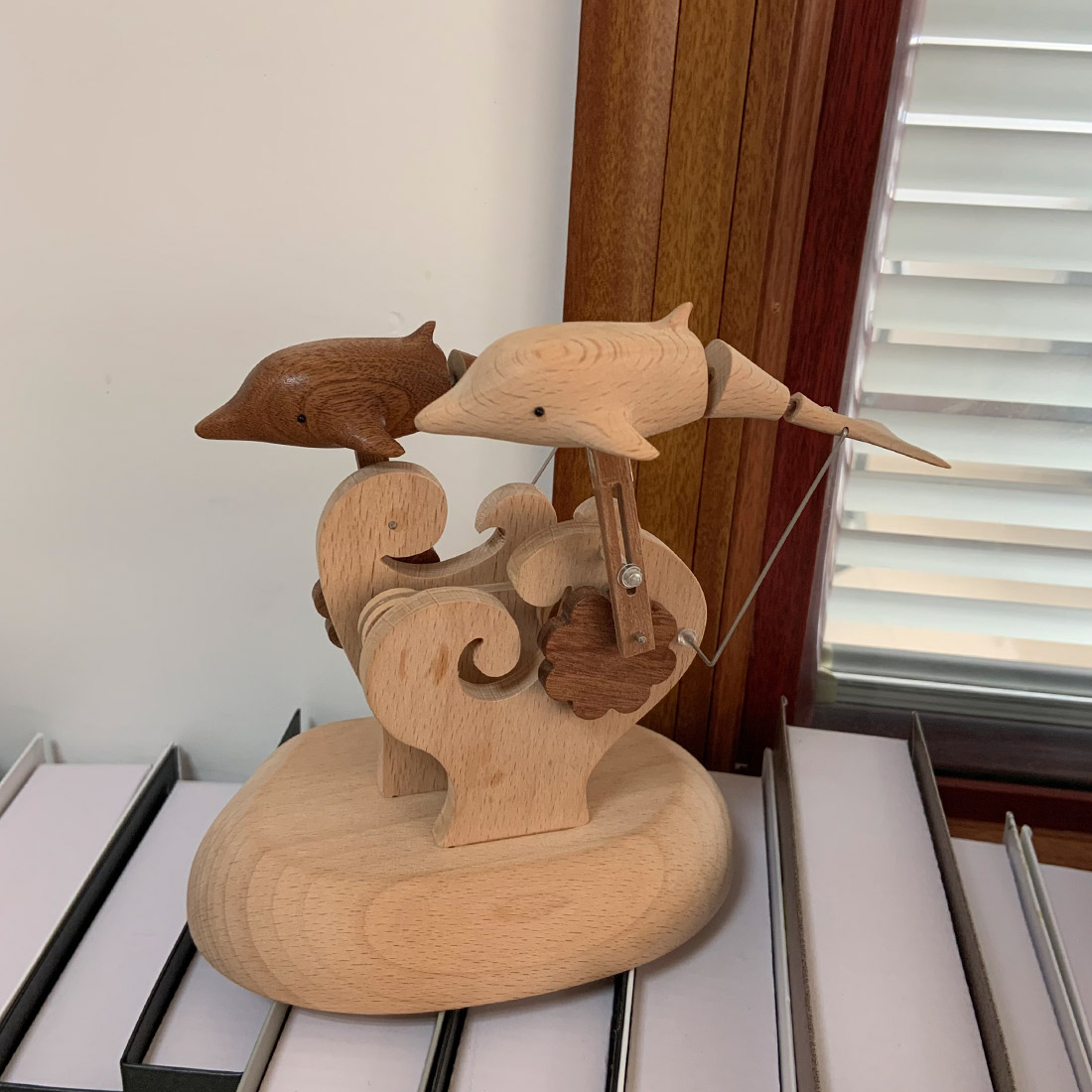 Handcarved Wooden Dolphin Automata Mechanical Sculpture