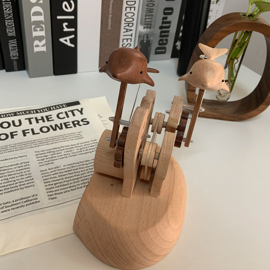 Handcarved Wooden Dolphin Automata Mechanical Sculpture