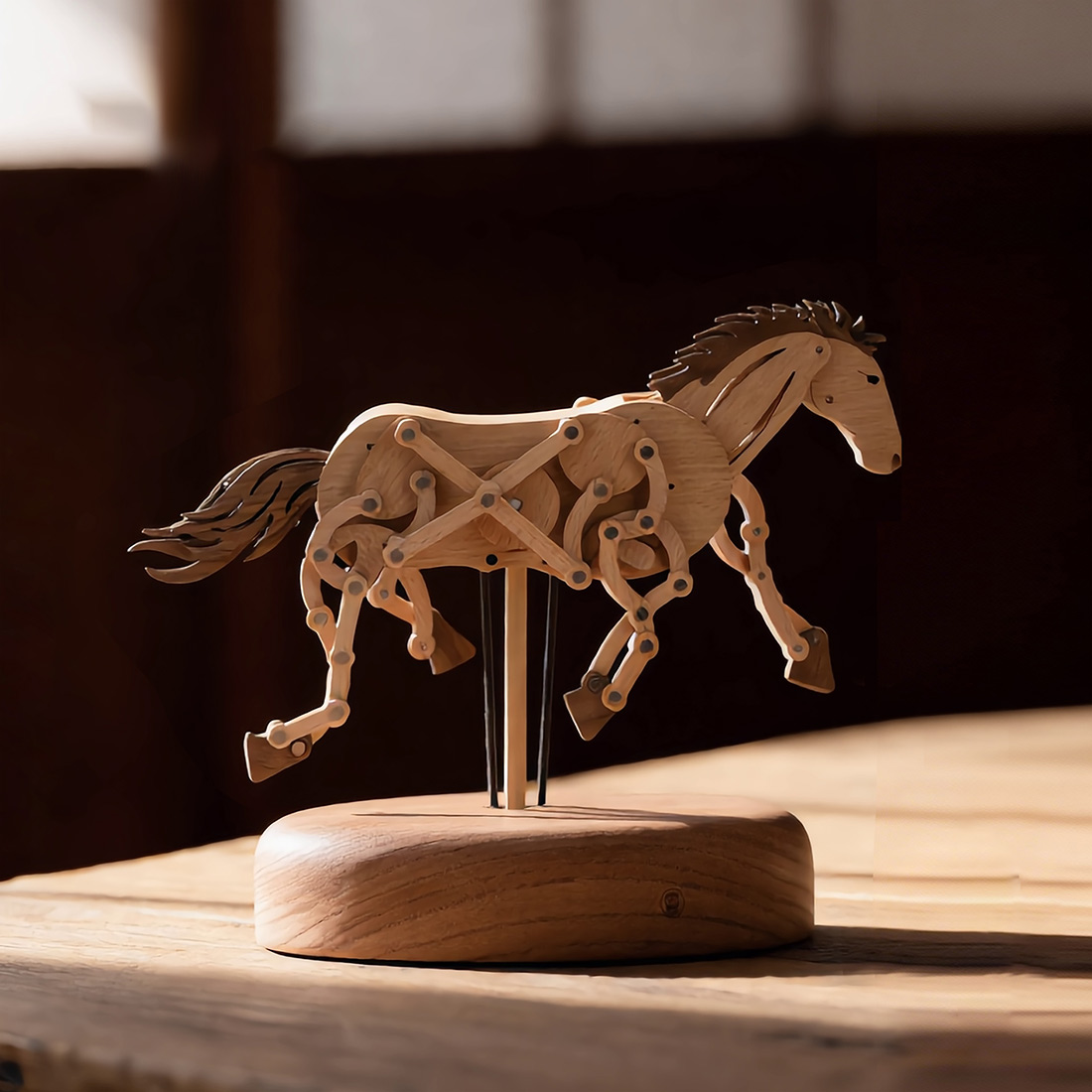 Handcrafted Wooden Horse Kinetic Automata Mechanical Sculpture