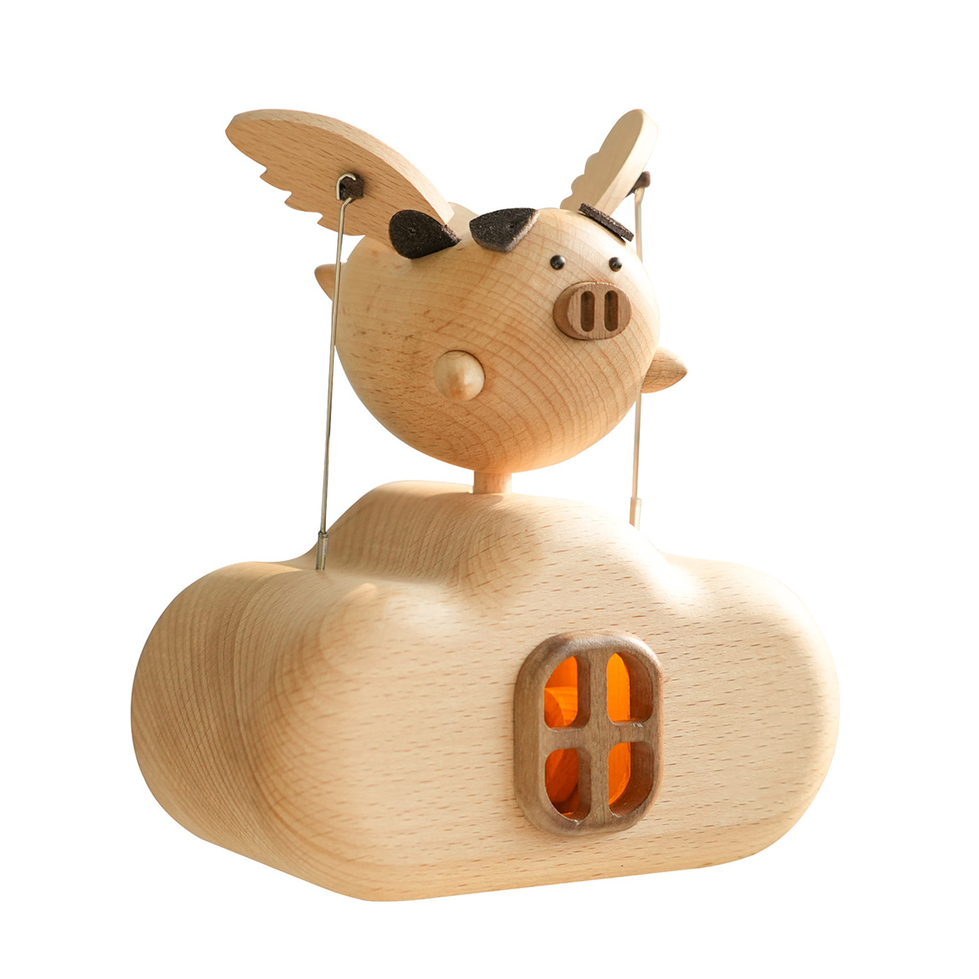 Illuminated Wooden Flying Pig Kinetic Sculpture Handmade Dynamic Animal Model Desktop Relaxation Decor Non Music Box