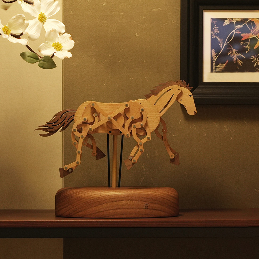 Handcrafted Wooden Horse Kinetic Automata Mechanical Sculpture