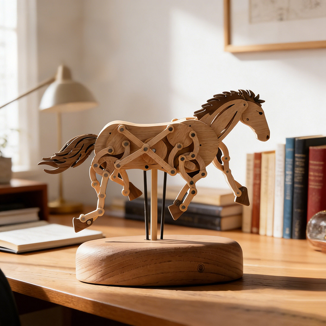 Handcrafted Wooden Horse Kinetic Automata Mechanical Sculpture