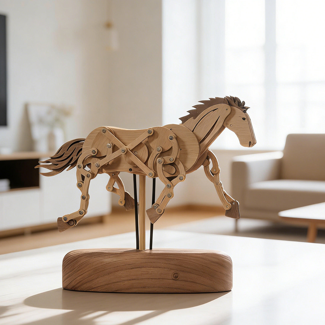 Handcrafted Wooden Horse Kinetic Automata Mechanical Sculpture