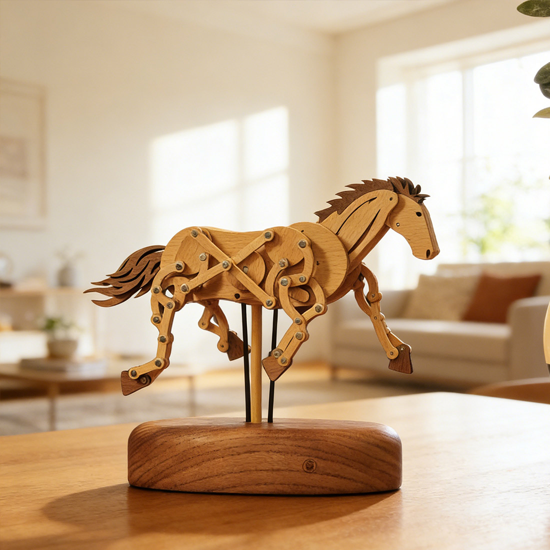 Handcrafted Wooden Horse Kinetic Automata Mechanical Sculpture
