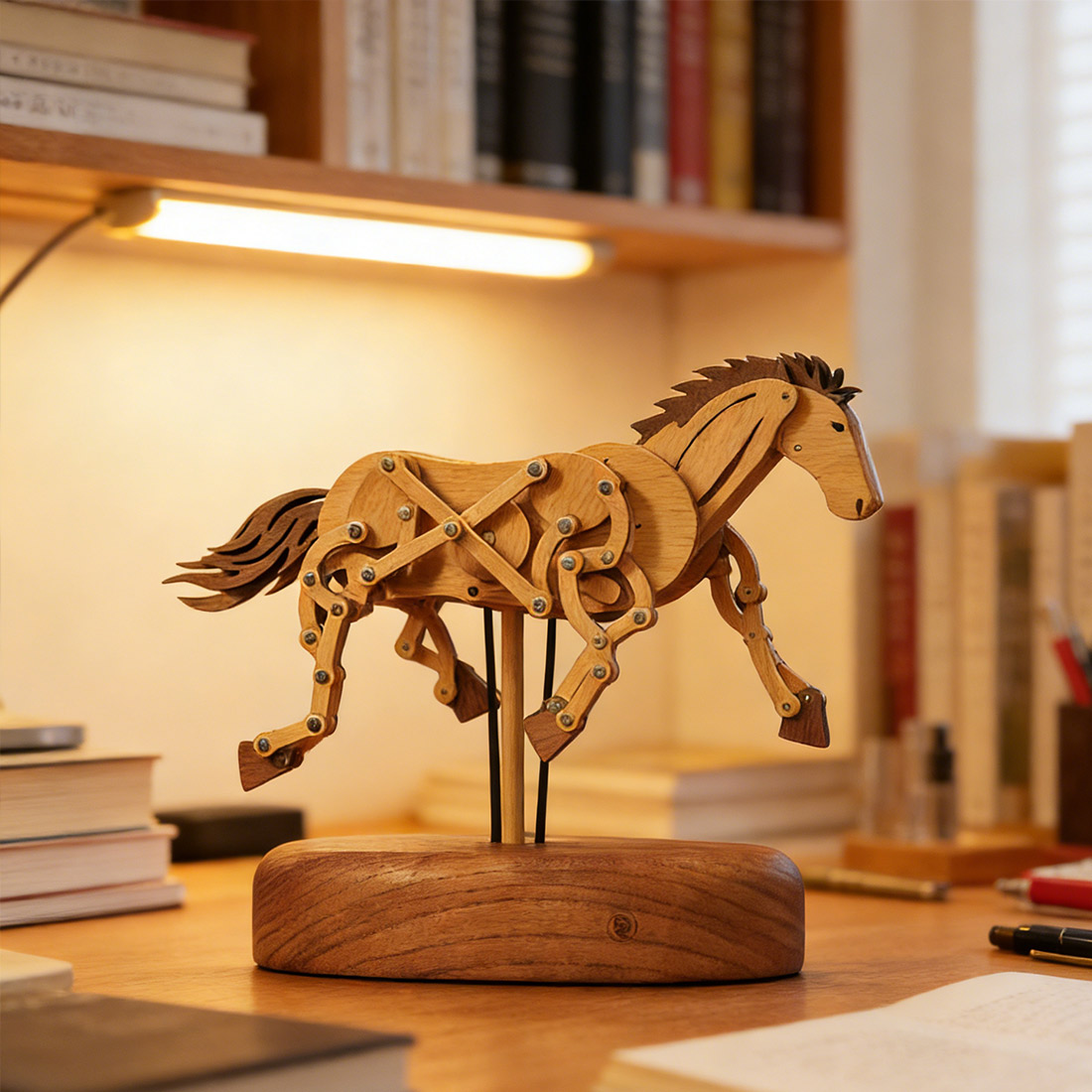 Handcrafted Wooden Horse Kinetic Automata Mechanical Sculpture