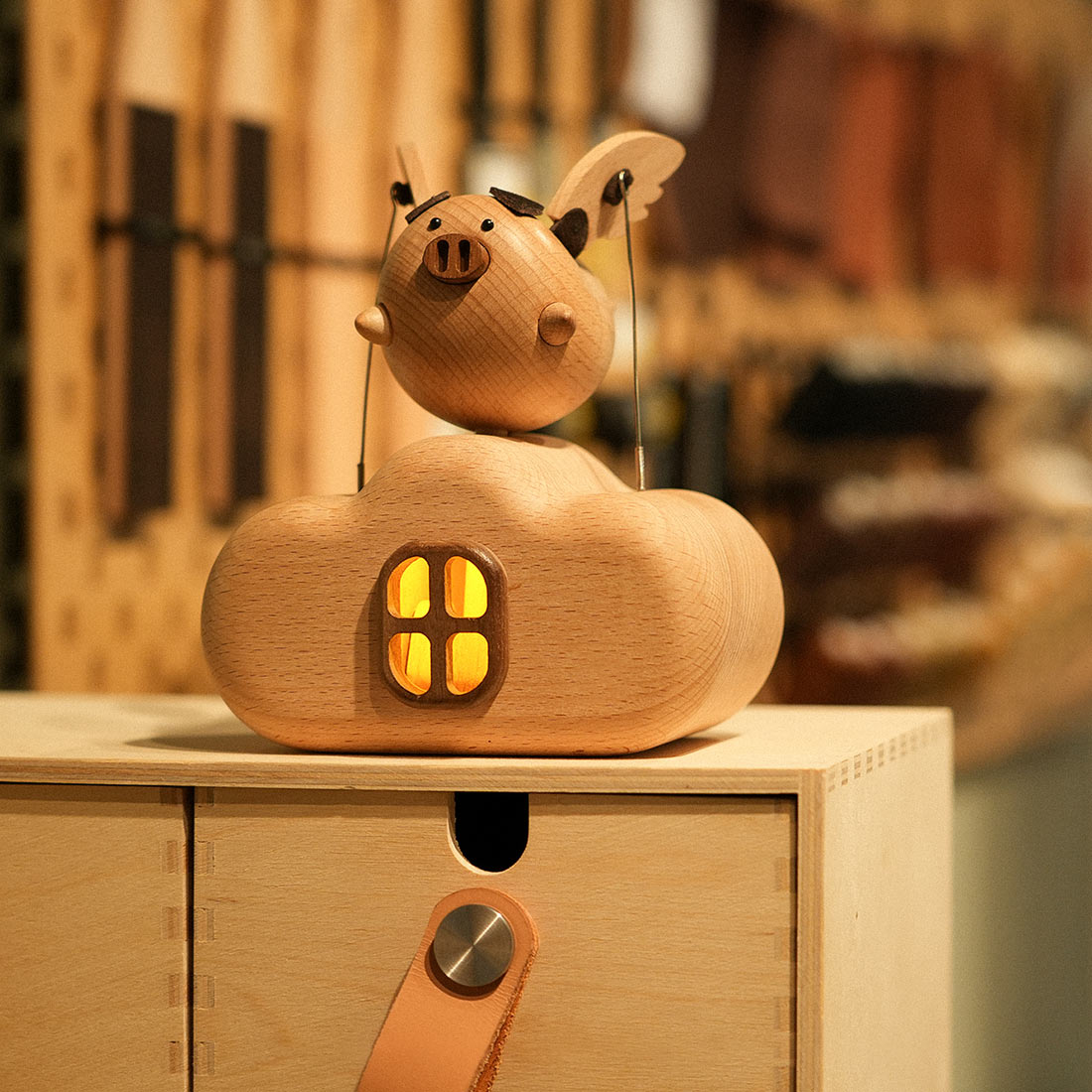 Kinetic Rocking Pig Handcarved Wooden Flying Pig Automata Mechanical Sculpture
