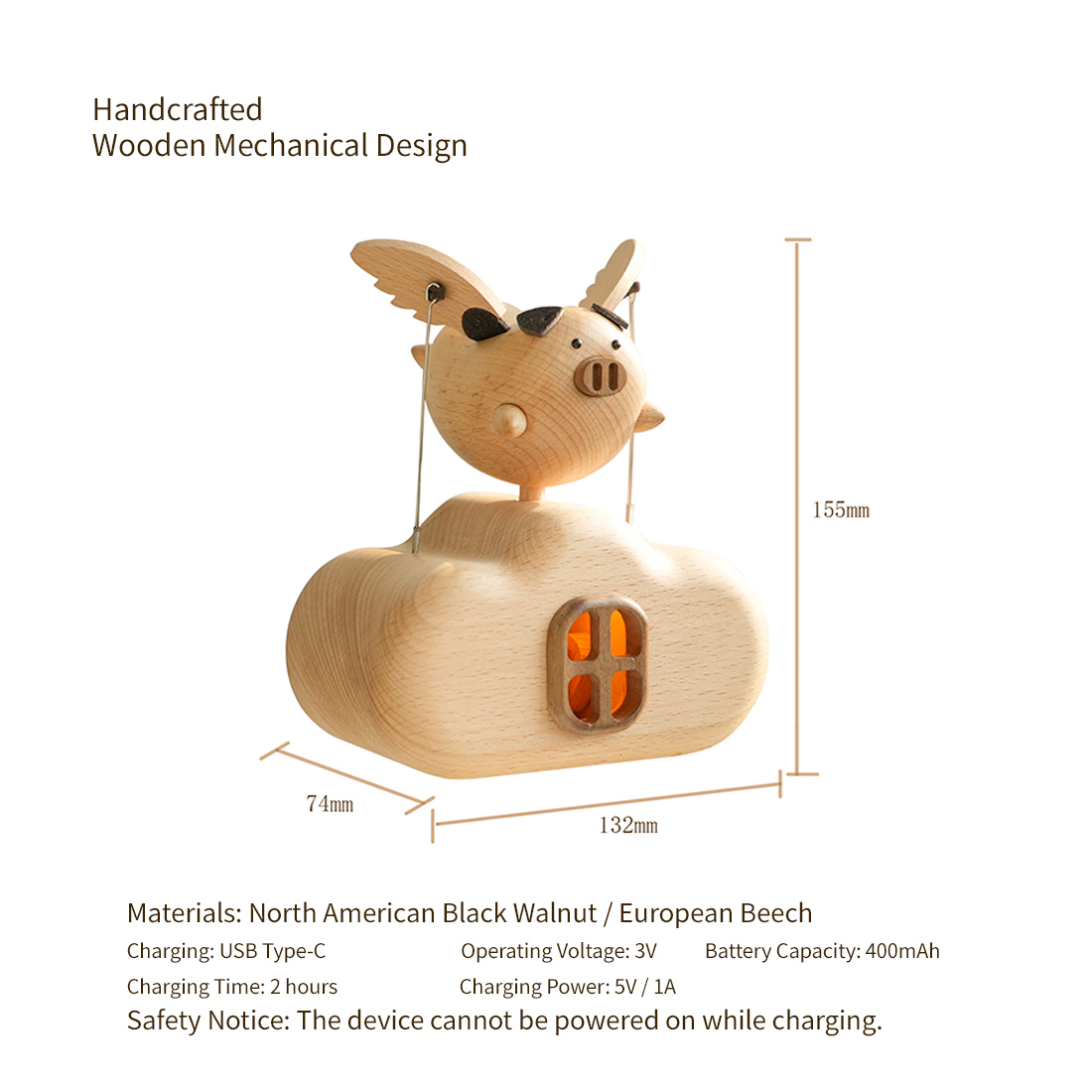 Illuminated Wooden Flying Pig Kinetic Sculpture Handmade Dynamic Animal Model Desktop Relaxation Decor Non Music Box