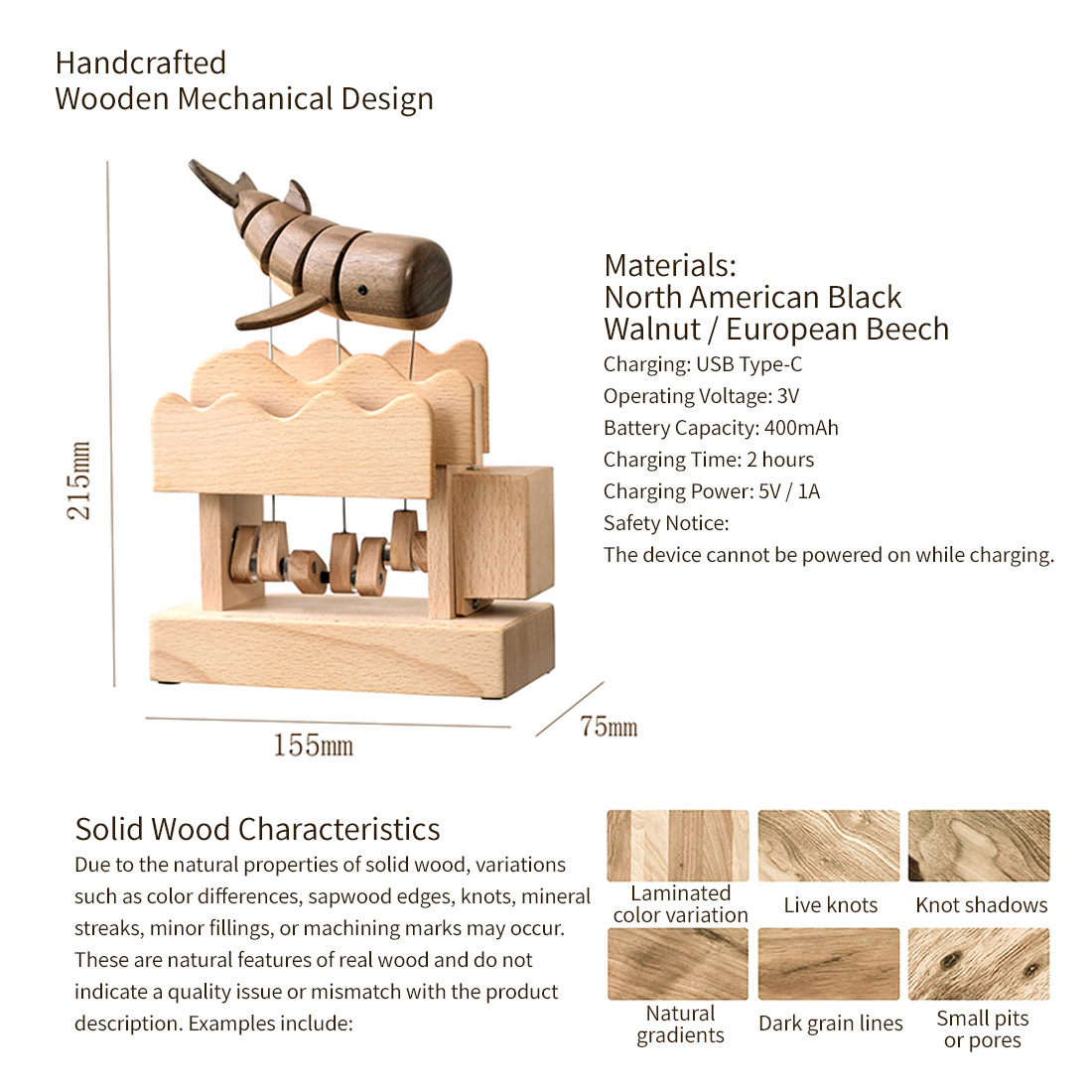 Wooden Whale Kinetic Sculpture Handmade Dynamic Marine Animal Model Desktop Relaxation Decor Non Music Box