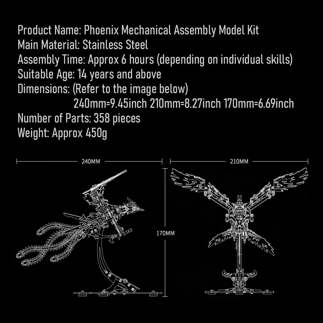 Mechanical Phoenix DIY Assembly 3D Metal Puzzle Model Kits 358PCS