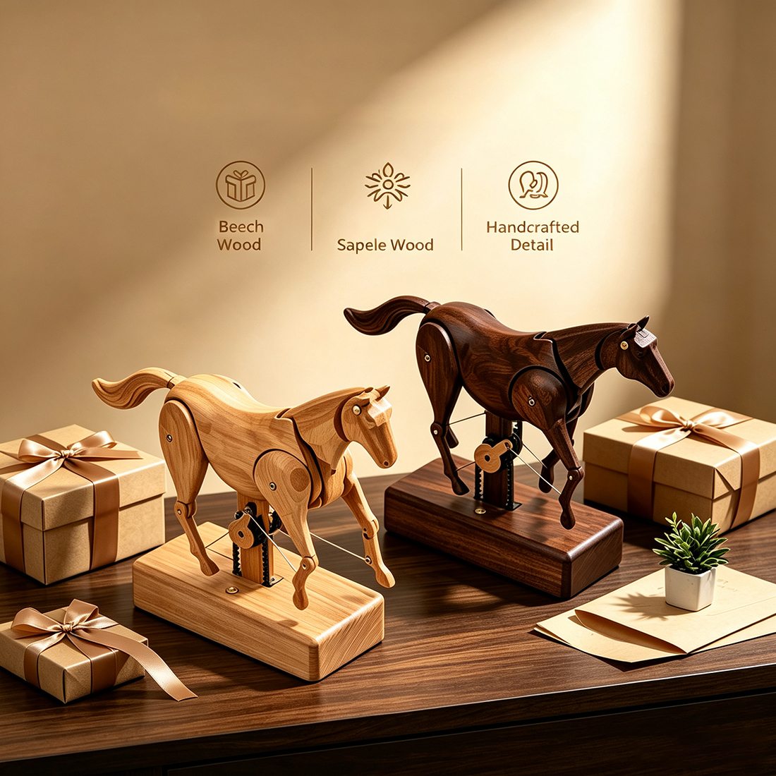 Mechanical Horse Wooden Automaton Model Dynamic Kinetic Sculpture Moving Limbs and Tail Fully Assembled Model