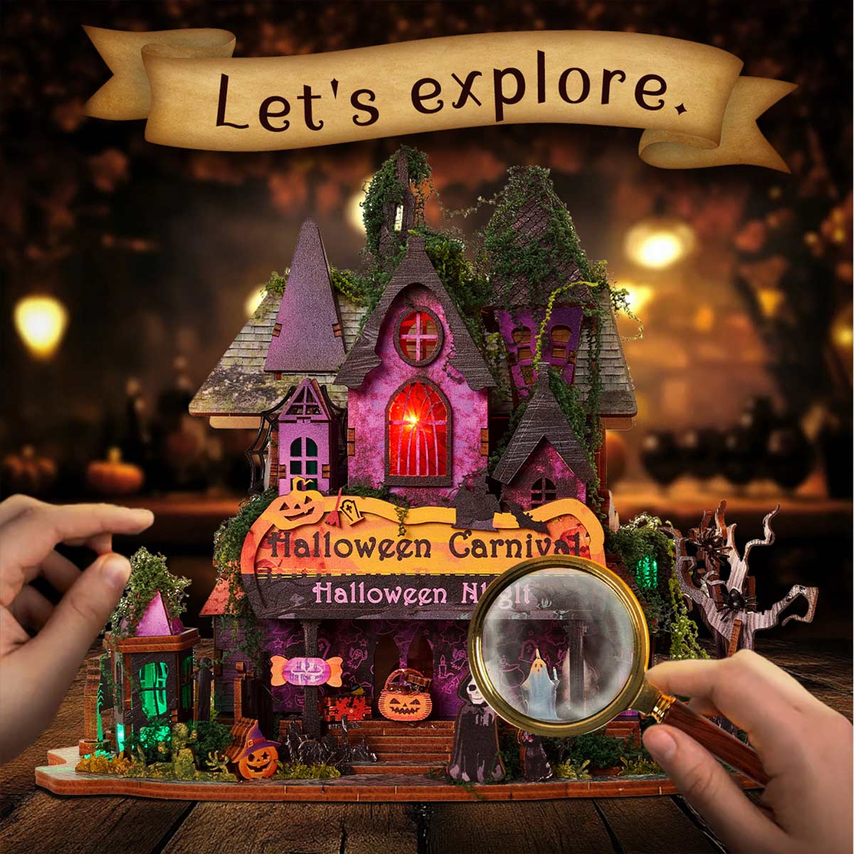 Halloween Carnival Night DIY 3D Wooden Miniature Horror Witch House Kit Spooky Gift