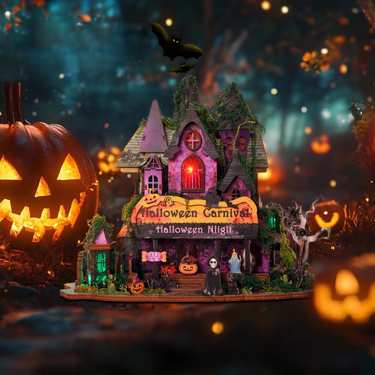 Halloween Carnival Night DIY 3D Wooden Miniature Horror Witch House Kit Spooky Gift