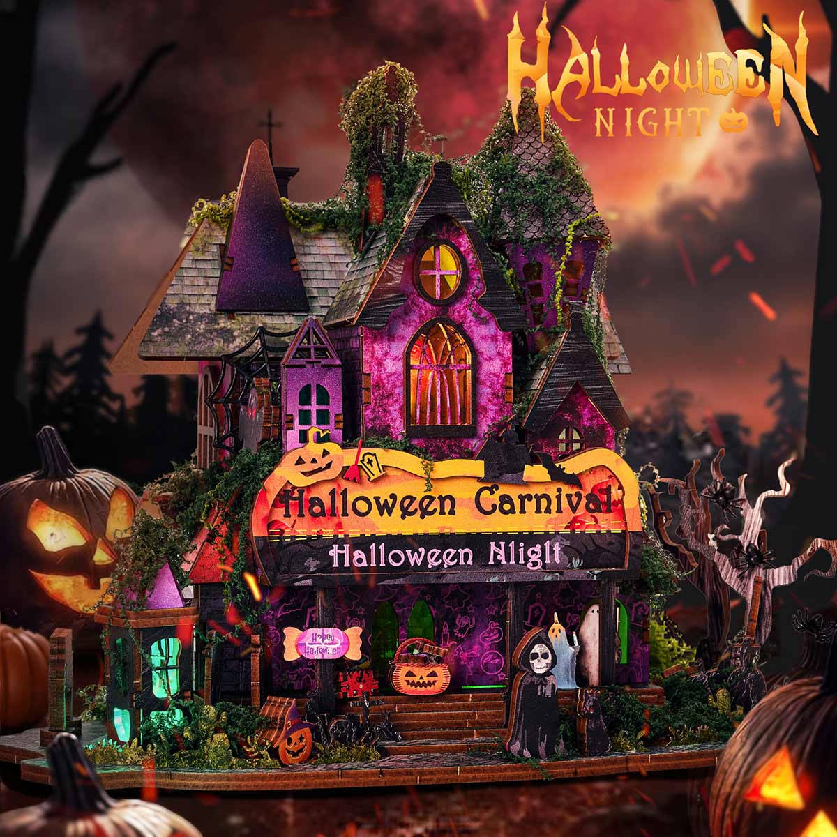 Halloween Carnival Night DIY 3D Wooden Miniature Horror Witch House Kit Spooky Gift