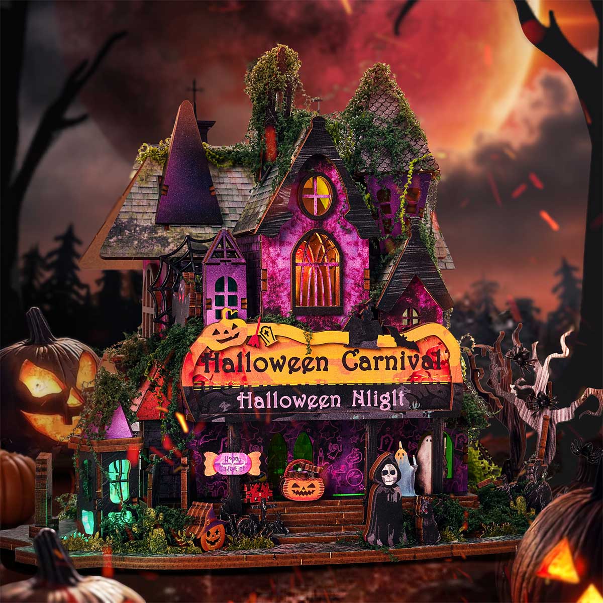 Halloween Carnival Night DIY 3D Wooden Miniature Horror Witch House Kit Spooky Gift