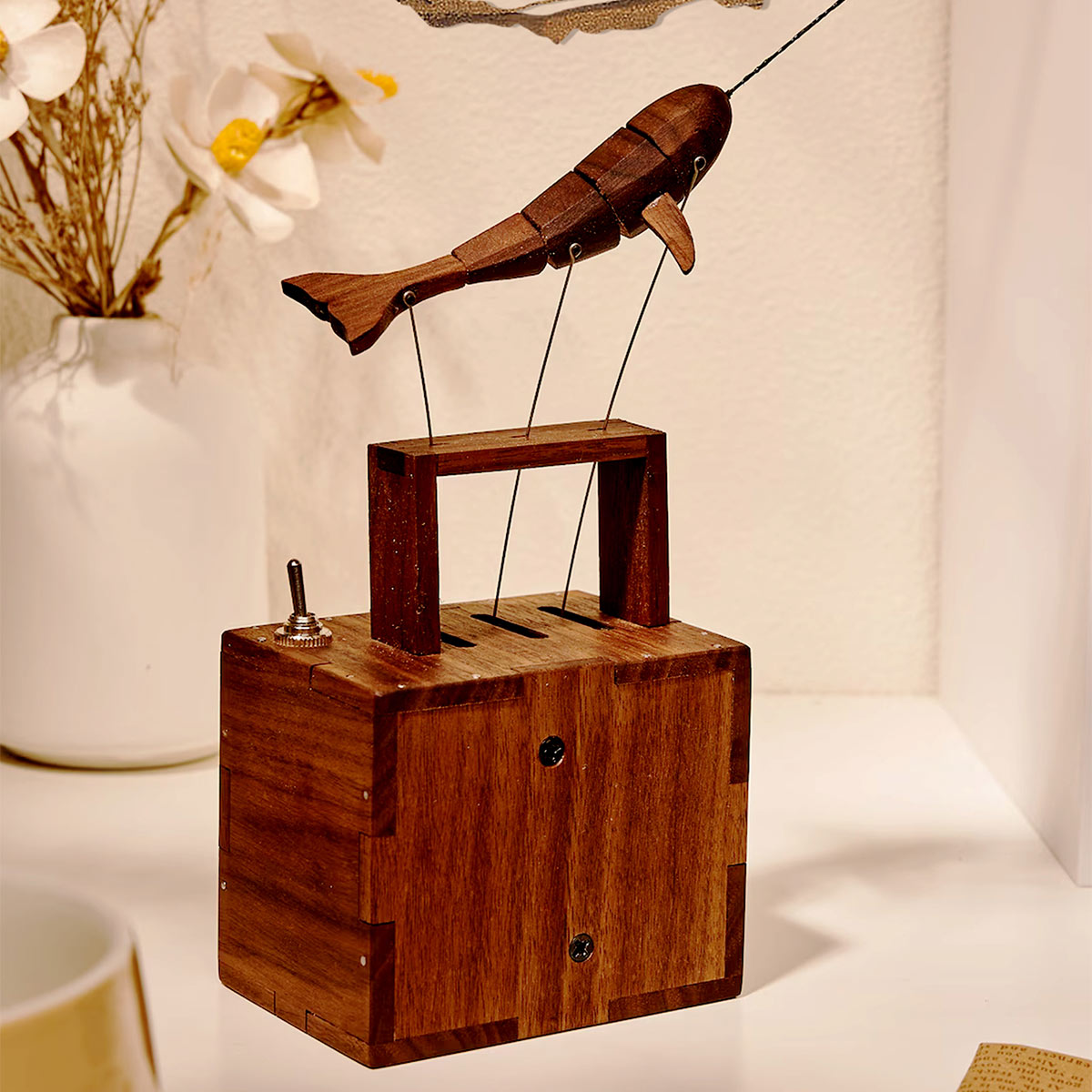 Handcrafted Wooden Whale with Music Box Mechanical Automaton Sculpture