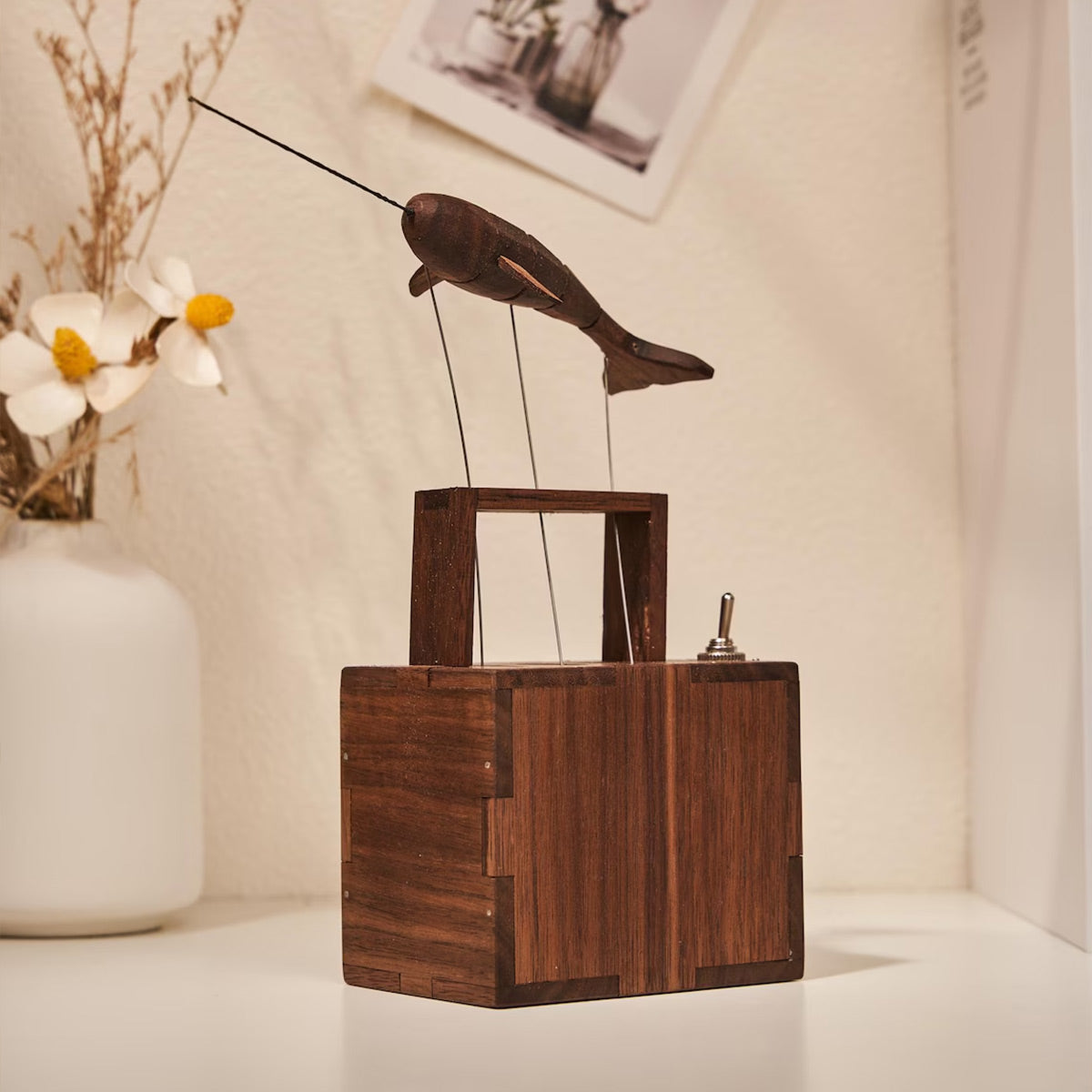 Handcrafted Wooden Whale with Music Box Mechanical Automaton Sculpture