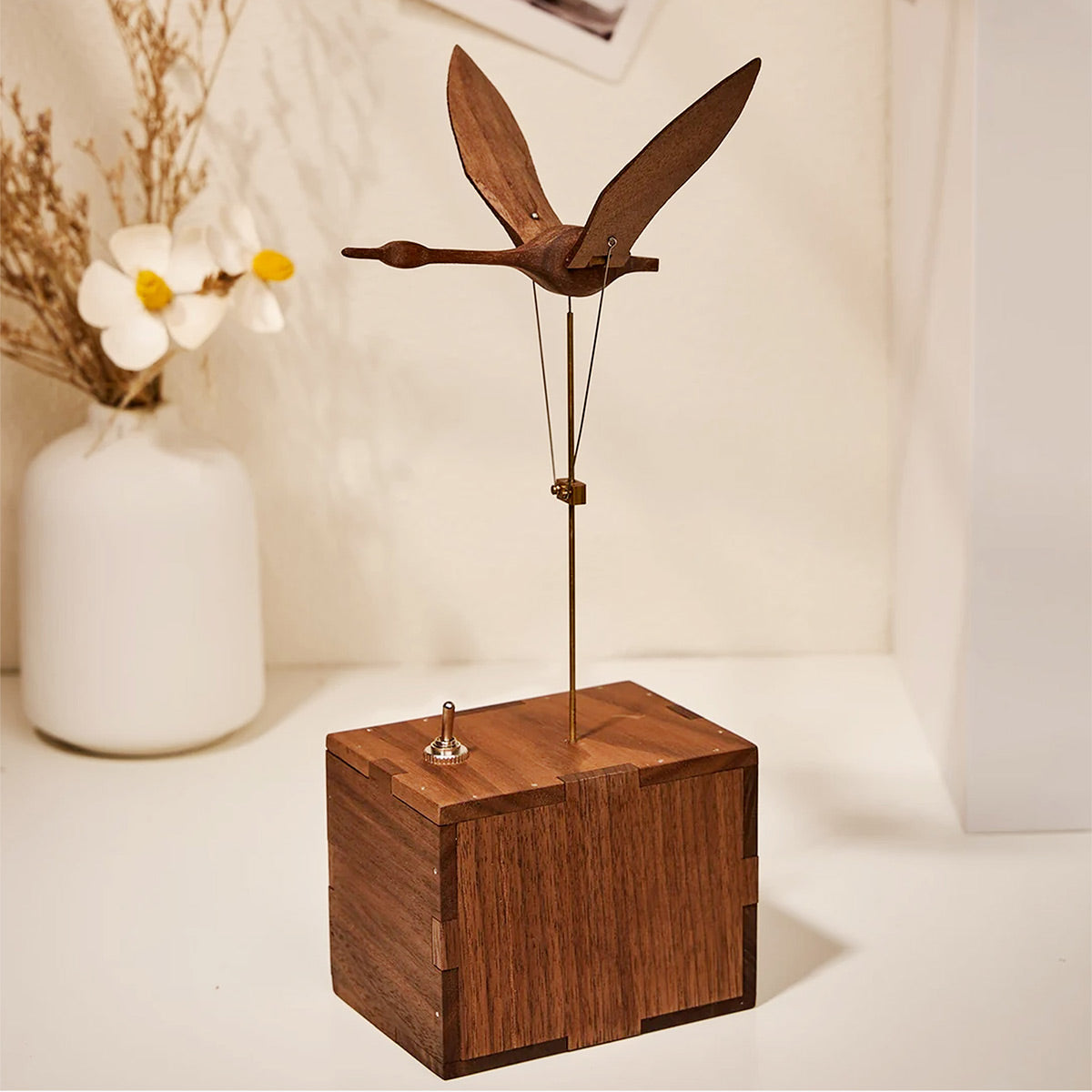 Kinetic Flying Swan Wooden Music Box Automata Sculpture