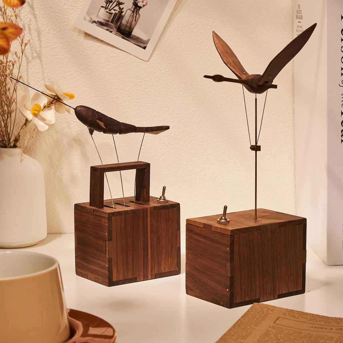 Kinetic Flying Swan Wooden Music Box Automata Sculpture