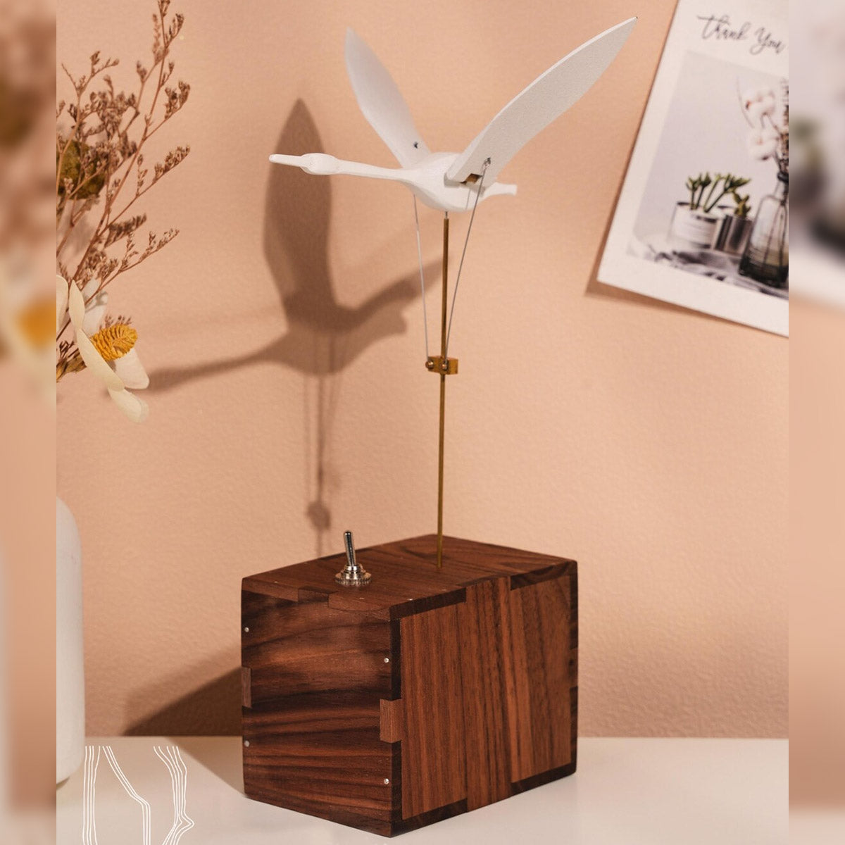 Kinetic Flying Swan Wooden Music Box Automata Sculpture