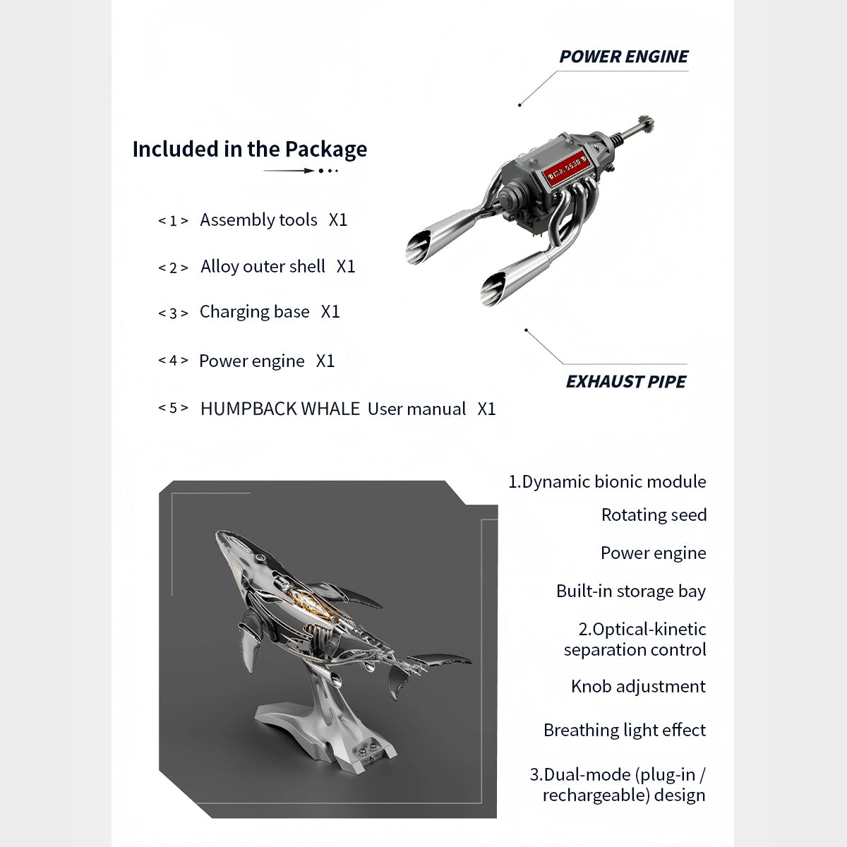 Moyustore Mechanical Kinetic Humpback Whale Model Punk 3D Metal Model High End Gifts