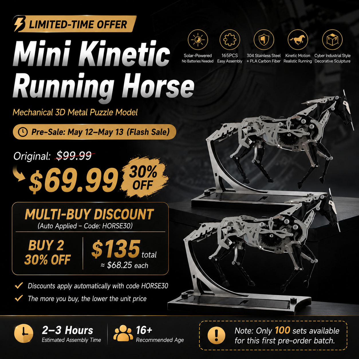 Mini Kinetic Running Black Horse Mechanical 3D Metal Puzzle Model kits  165PCS