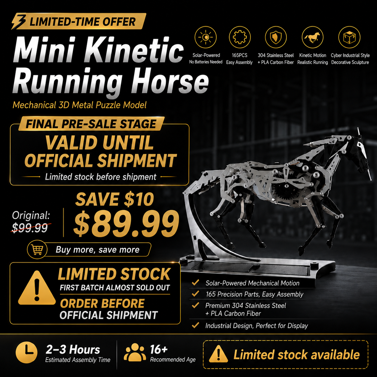 Mini Kinetic Running Black Horse Mechanical 3D Metal Puzzle Model kits 165PCS