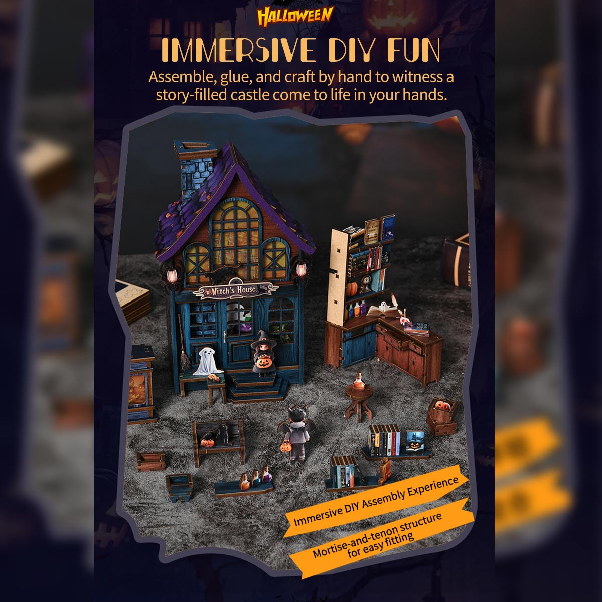 Mystery Witch’s House 3D Wooden DIY Book Hook Kit – Build Your Own Halloween Story