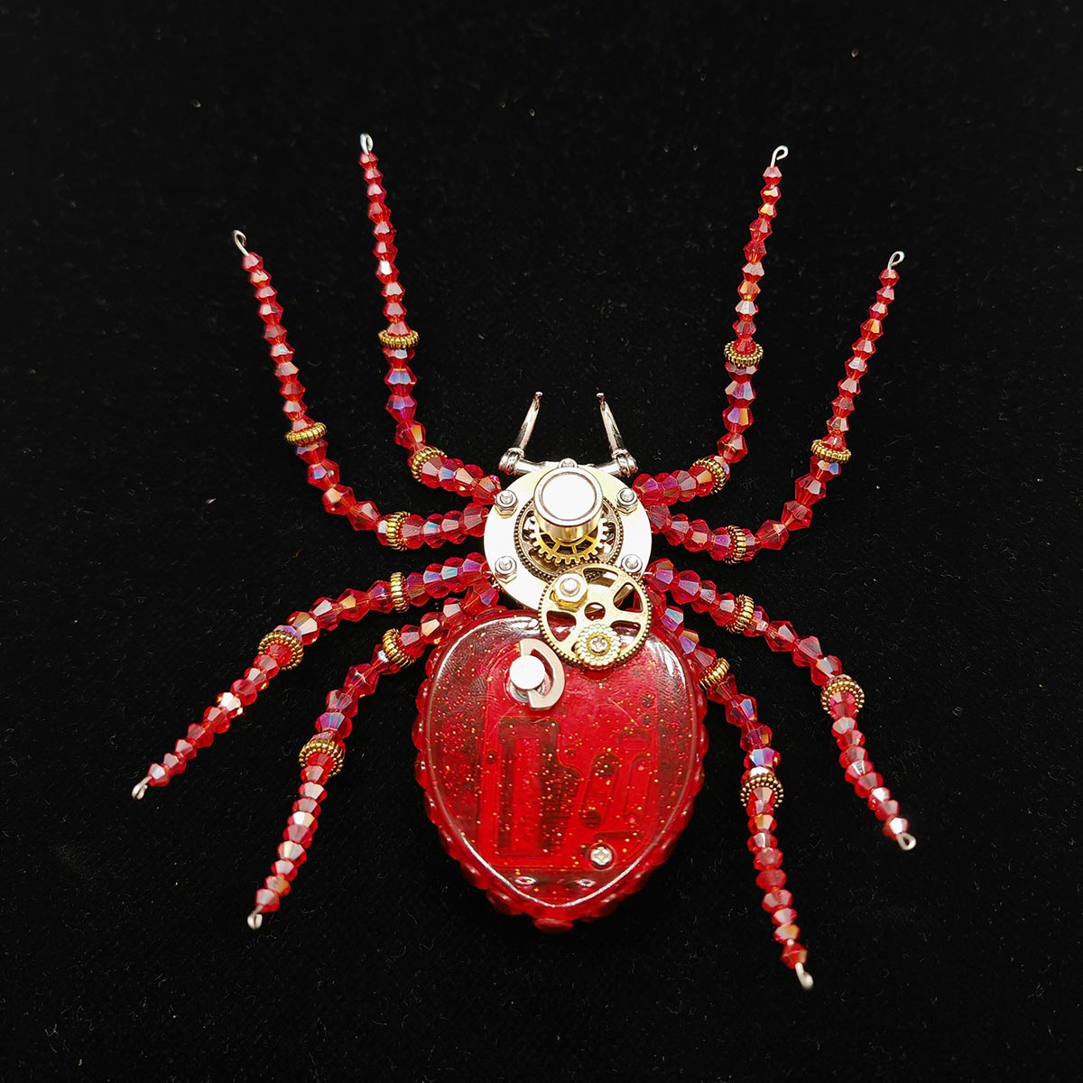 Steampunk Beaded Crystal Red Spider Model Building Kits with Music Box (260PCS)