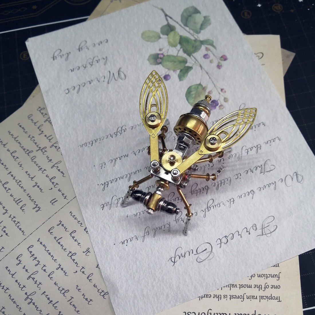 Miniature Steampunk Brass Fruit Fly Spider Ant Dragonfly Butterfly Metal Model Kits
