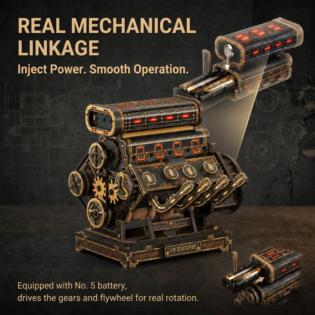 Wooden V8 Engine Model Kit 3D DIY Mechanical Assembly 1000+PCS