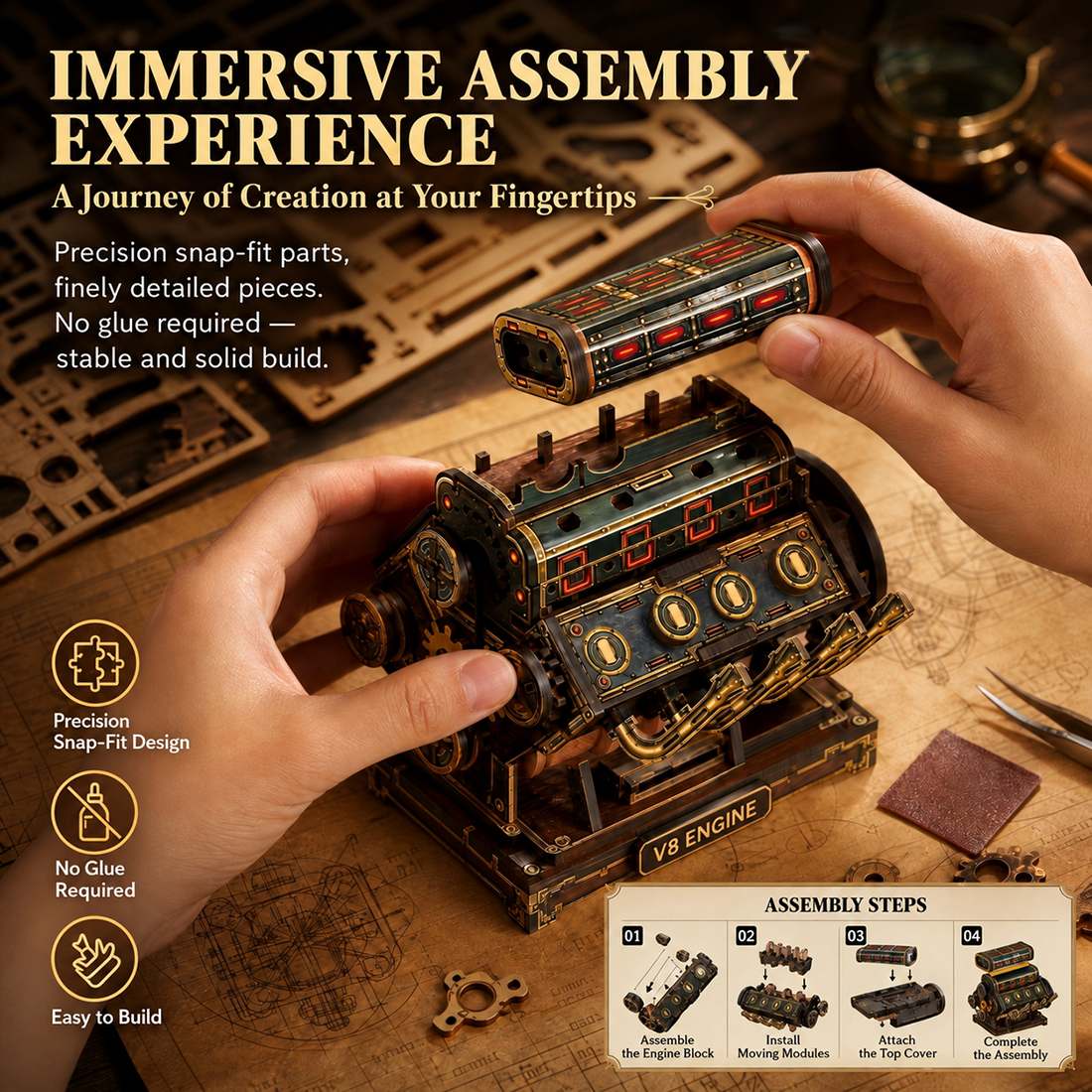 Wooden V8 Engine Model Kit 3D DIY Mechanical Assembly 1000+PCS