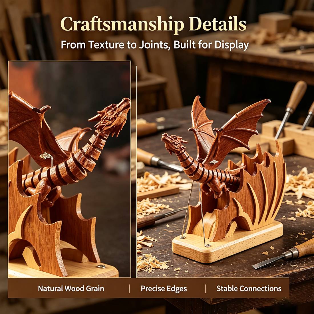 Wooden Western Mythical Creature Articulated Gothic Desktop Sculpture