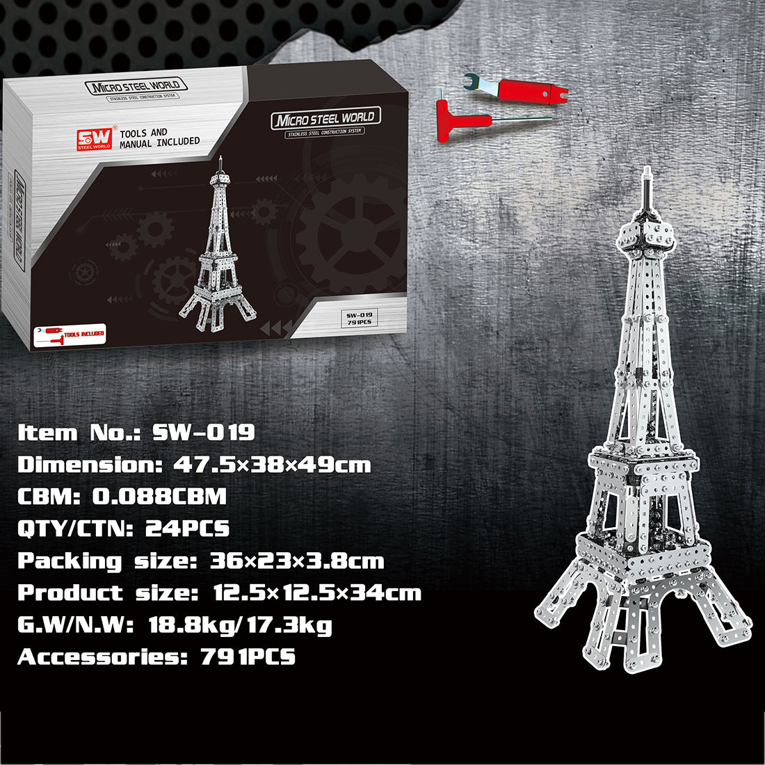 791Pcs Stainless Steel Eiffel Tower DIY Assembly Building Block Educational Toys Kit with LED - English Version SW-019