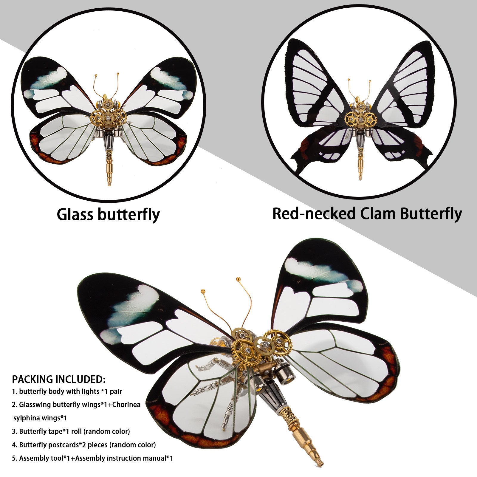 200PCS+ Steampunk Metal Assembly Luminous Transparent Butterfly Series Chorinea Sylphina & Glasswing Butterfly