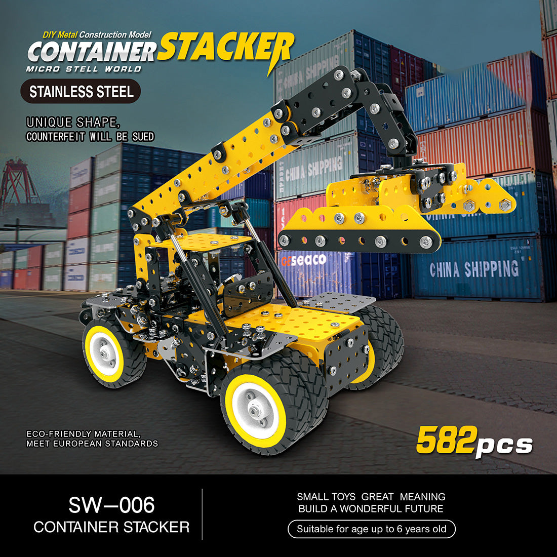 582Pcs Crane Shape DIY Stainless Steel Metal Assembly Building Block Kit Educational Steam Stem Toys