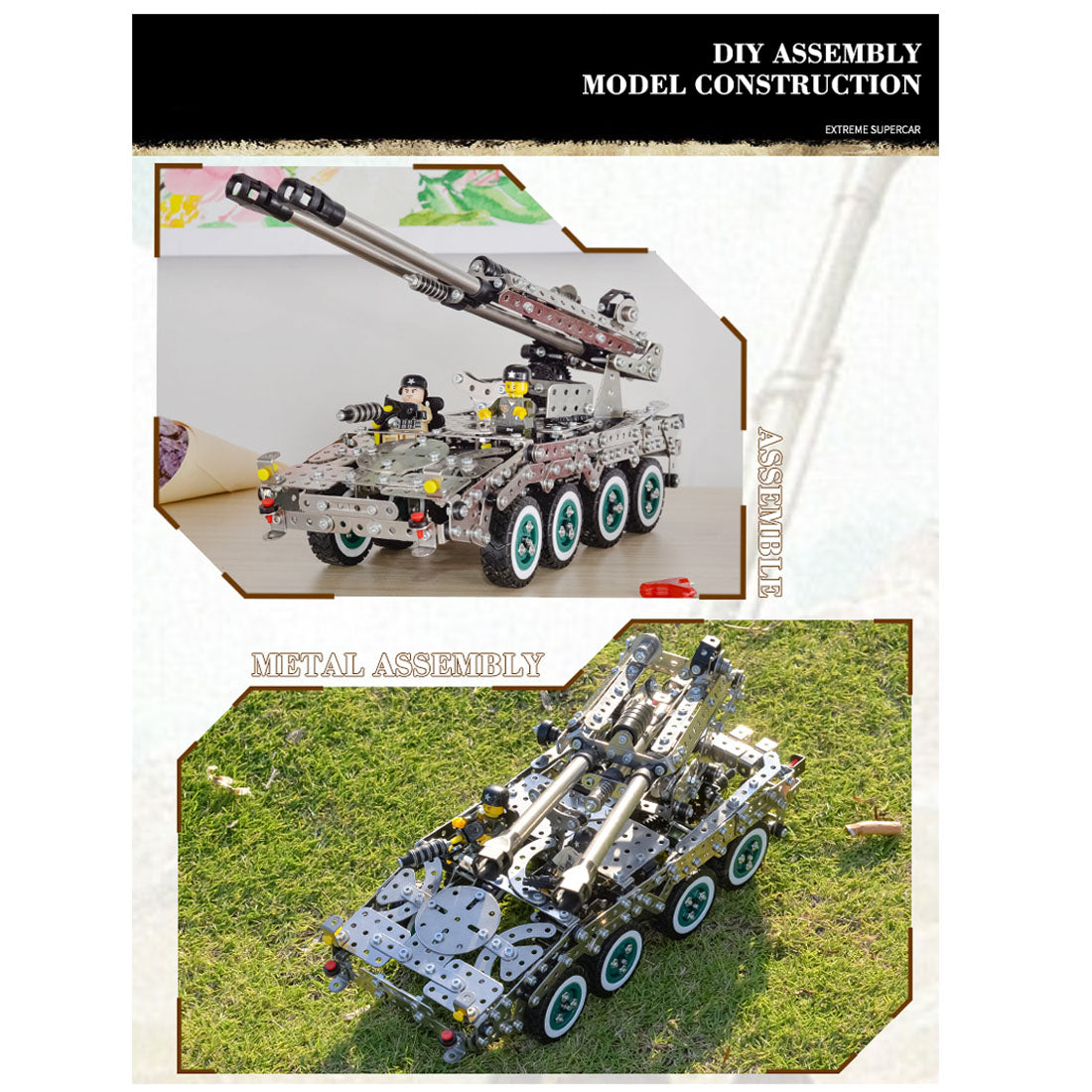 1207Pcs 3D Metal Puzzle 3-in-1 Deformed Artillery Car Assembly Model Kit DIY Adults Kids Toys