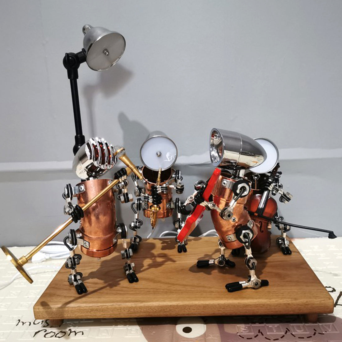 3D Steampunk Metal Band Musician Trumpet Saxophone Robot Table Lamp Crafts