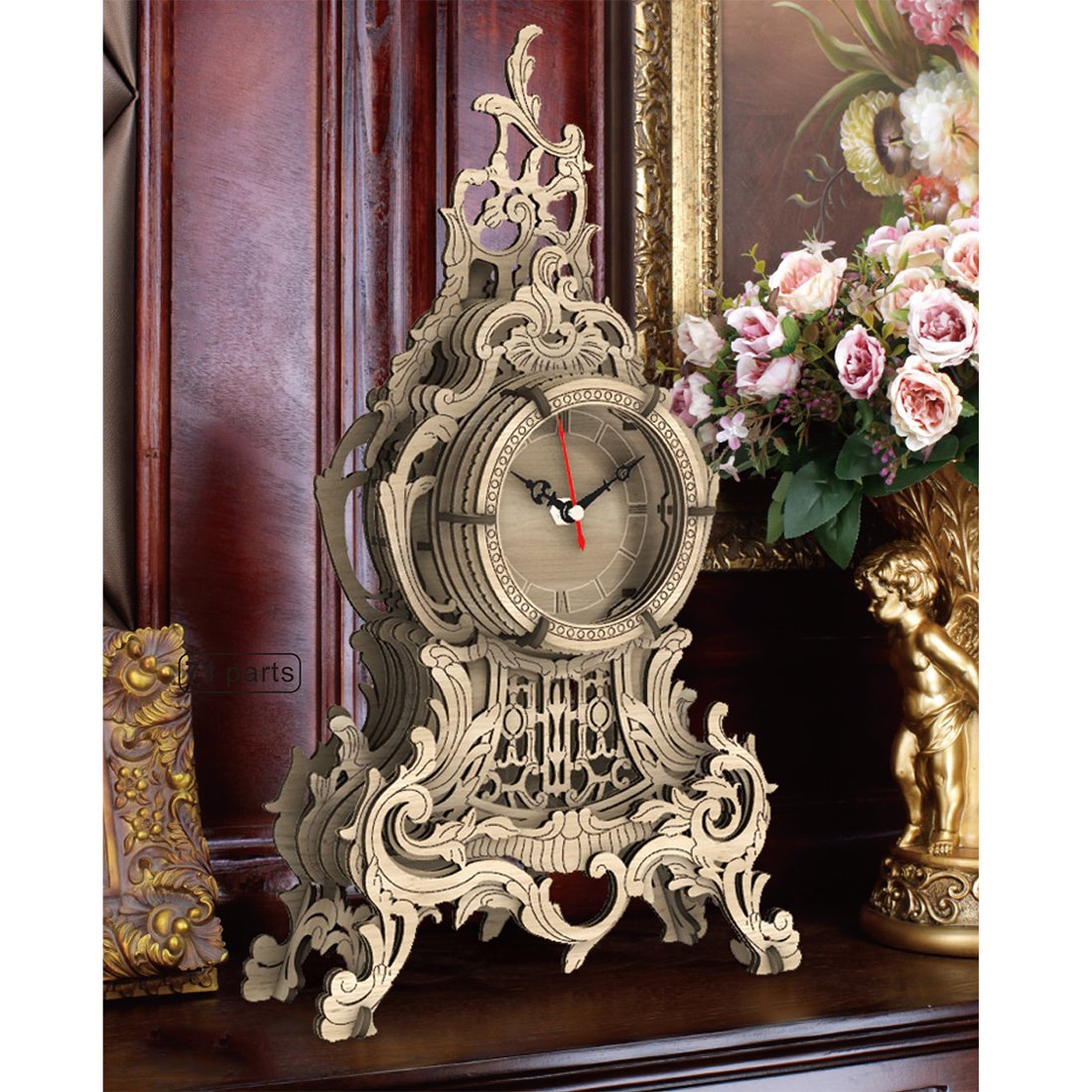 Clock Model Kit 41Pcs DIY Wooden Clock 3D Hollow Table Clock Assembly Model Kit