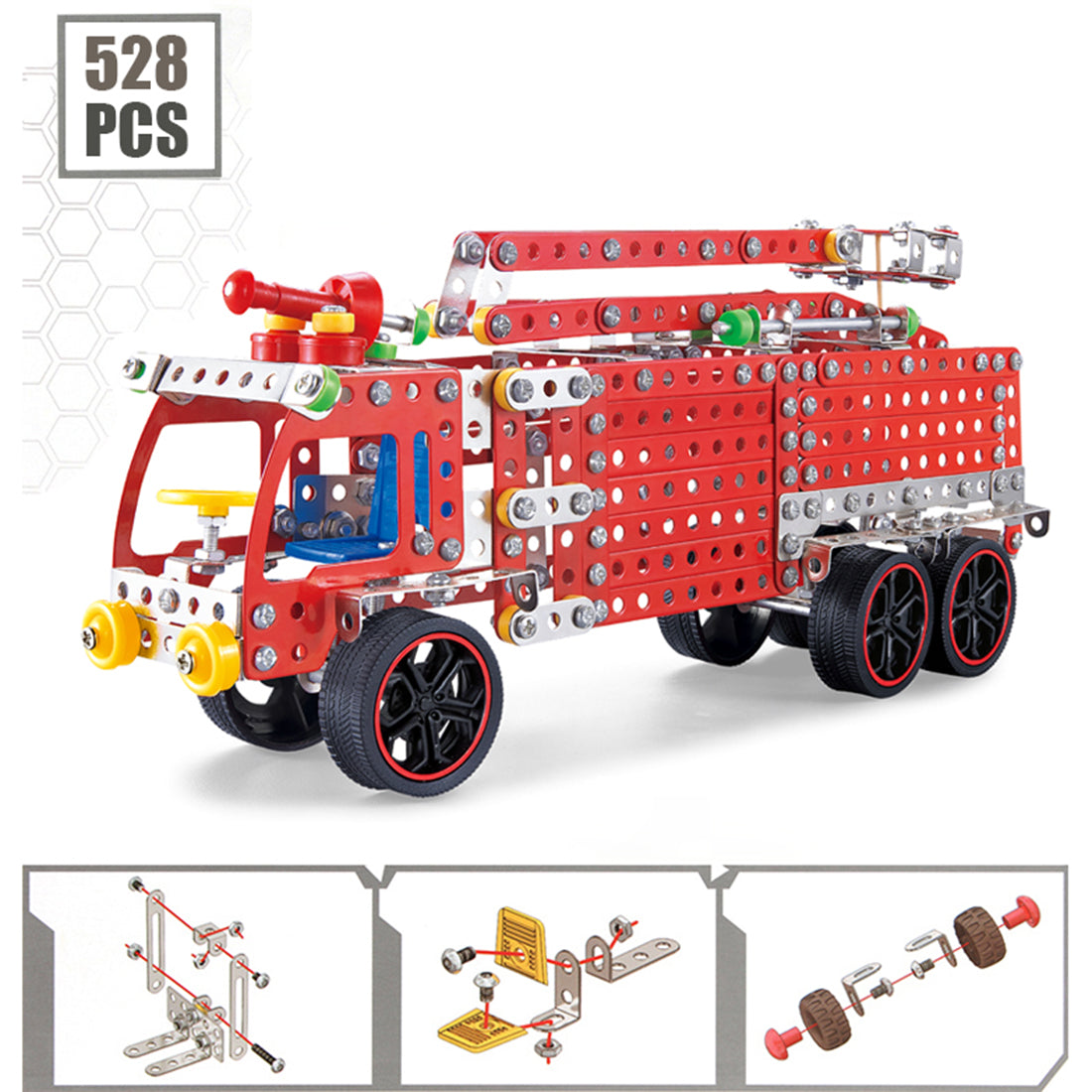 528Pcs Assembly Metal Fire Fighting Aerial Ladder Firetruck Model Kit STEM Engineering Education Toy
