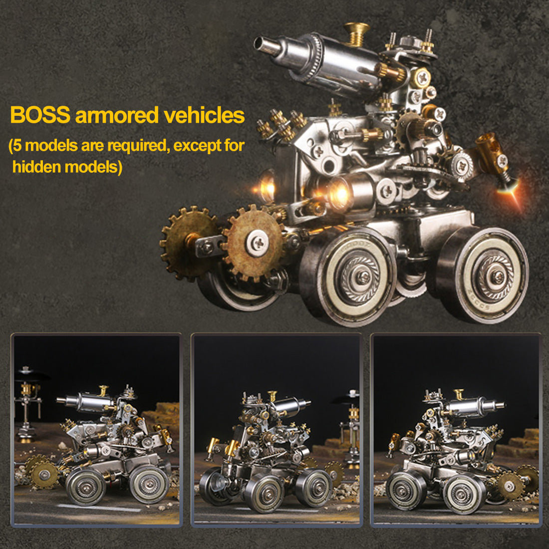 6Pcs Blind Box DIY Metal Assembly Armored Series Spacecraft Mecha Tank Motorcycle Model Kit with Light