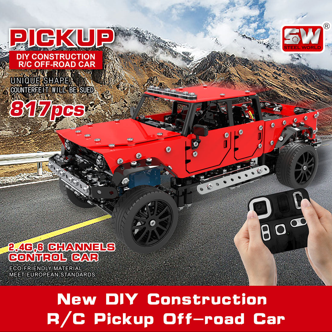 817Pcs 1:16 2.4G 6CH Metal RC Pickup Off-road Truck Vehicle Puzzle Toy