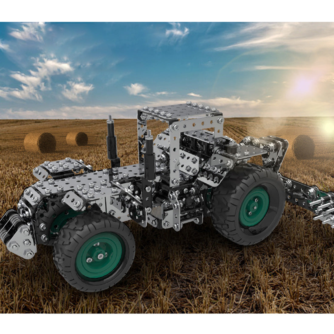 910Pcs 3D Metal Gear Drive Farm Hay Cutting Mower Screwed Model Building Kit