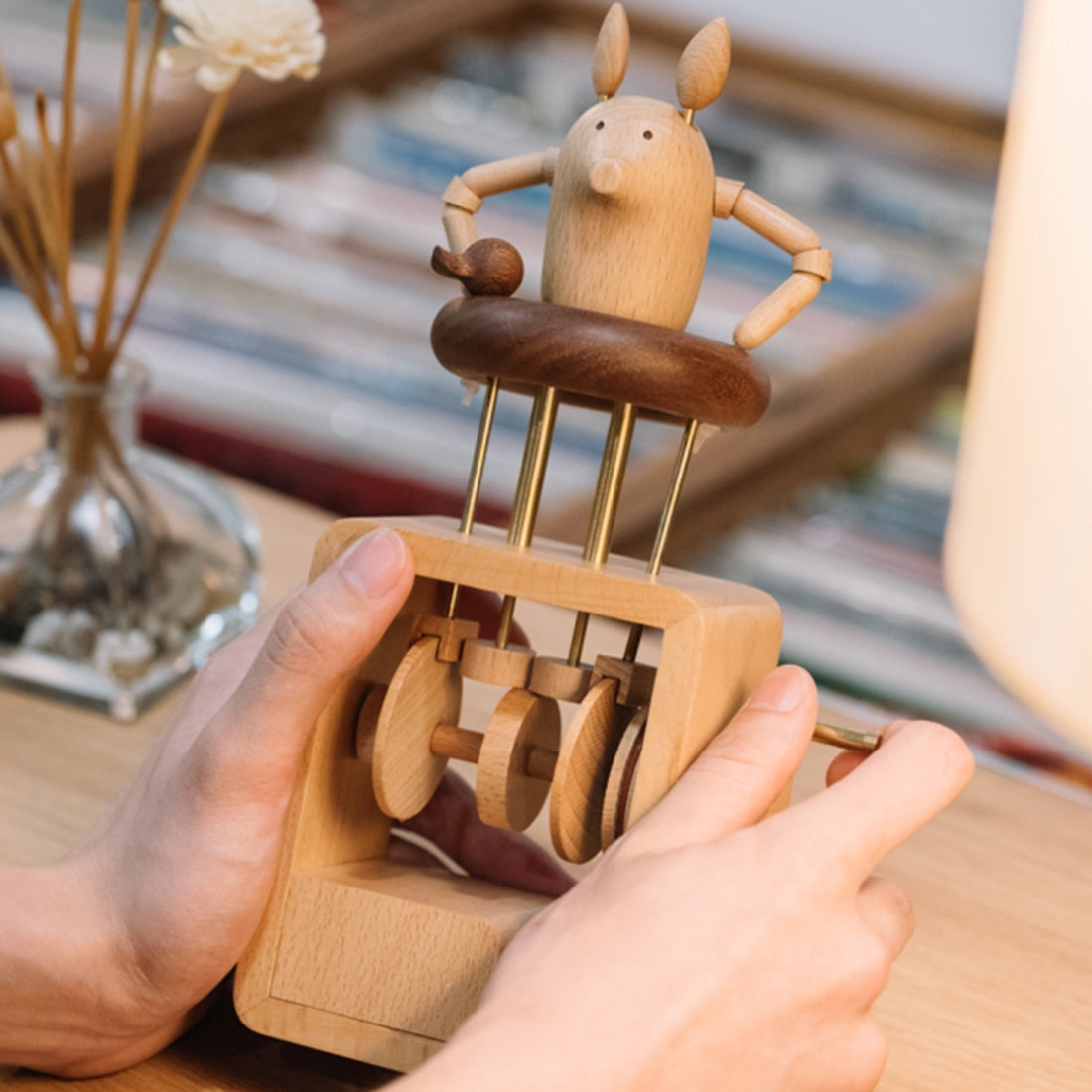 Automata Creative Gift Handmade Wooden Music Box Cute Swim Ring Pig