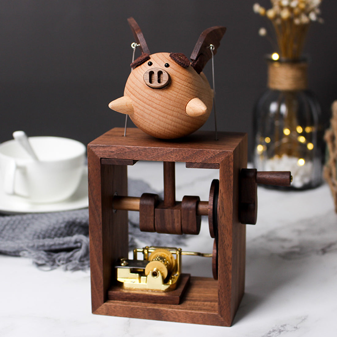 Automata Creative Music Box Cute Flying Pig Wooden Dynamic Musical Box Gift for Girls