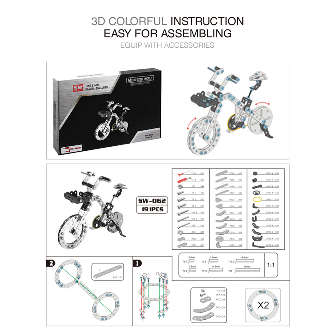 191Pcs Bicycle Assembly Kit DIY Metal Screw Model Mini Puzzle Toys for Kids