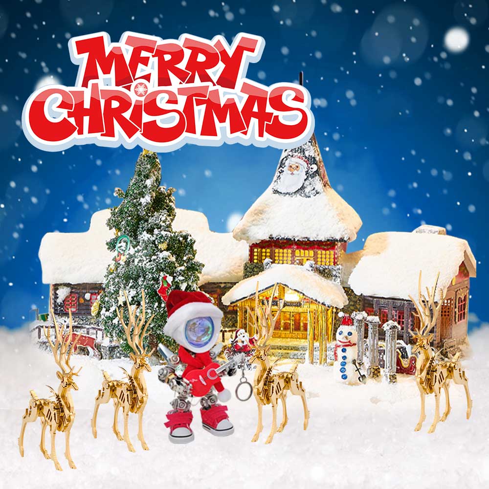 Christmas Bundle Santa Claus with Golden Elk Winter Village Sets 3D Metal Puzzles